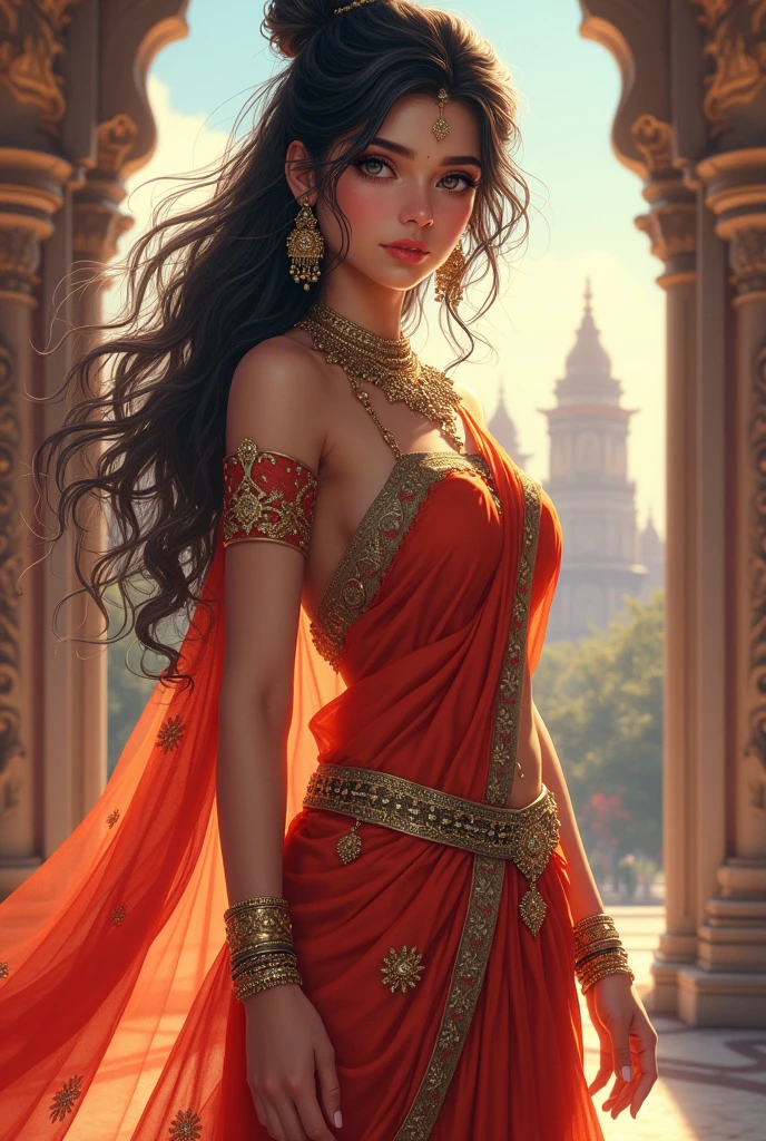 Create a anime style landscape image. Digital anime illustration featuring a woman with long, flowing dark hair adorned with intricate floral and jewel headpieces. She is wearing a red and white sari with gold embroidery and detailed jewelry, including necklaces, bracelets, and earrings. Her eyes are covered with a red blindfold, adding a sense of mystery. The background is dark with soft, glowing lights and floating petals, creating a mystical atmosphere. 