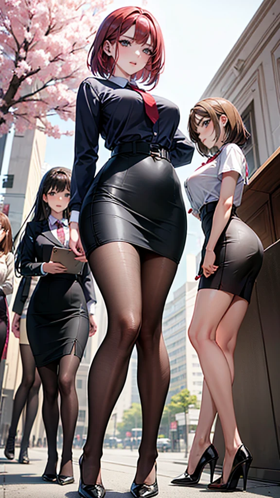 masterpiece, best quality,4 Girls,Young Girls, Plum_Pie Eyes, Brown, choppy bob,envious _Face,Glowing skin,Medium breasts,Beautiful leg lines:1.3,Thick thighs, Thin waist,Uniforms, High Leg Raise,tie,((Pencil Skirt)),Red high heels,   Pantyhose, , way_lining_and_bloom_cherry_flowering_Trees,,Looking at the audience,From below,whole body, legupsexms,