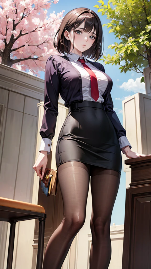 masterpiece, best quality,4 Girls,Young Girls, Plum_Pie Eyes, Brown, choppy bob,envious _Face,Glowing skin,Medium breasts,Beautiful leg lines:1.3,Thick thighs, Thin waist,Uniforms, High Leg Raise,tie,((Pencil Skirt)),Red high heels,   Pantyhose, , way_lining_and_bloom_cherry_flowering_Trees,,Looking at the audience,From below,whole body, legupsexms,