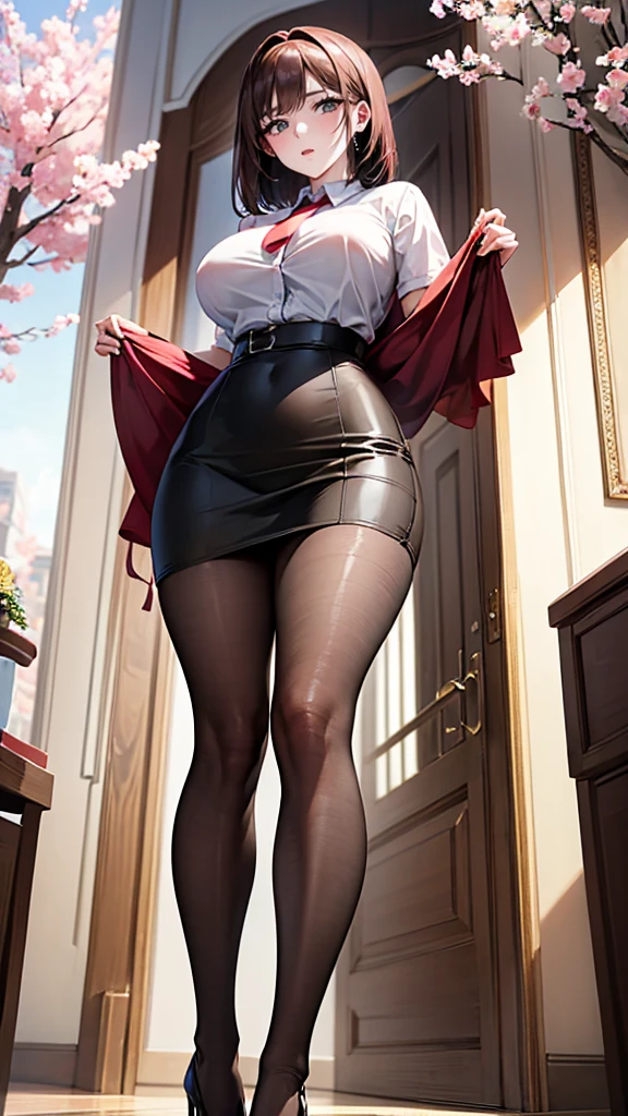 masterpiece, best quality,4 Girls,Young Girls, Plum_Pie Eyes, Brown, choppy bob,envious _Face,Glowing skin,Medium breasts,Beautiful leg lines:1.3,Thick thighs, Thin waist,Uniforms, High Leg Raise,tie,((Pencil Skirt)),Red high heels,   Pantyhose, , way_lining_and_bloom_cherry_flowering_Trees,,Looking at the audience,From below,whole body, legupsexms,