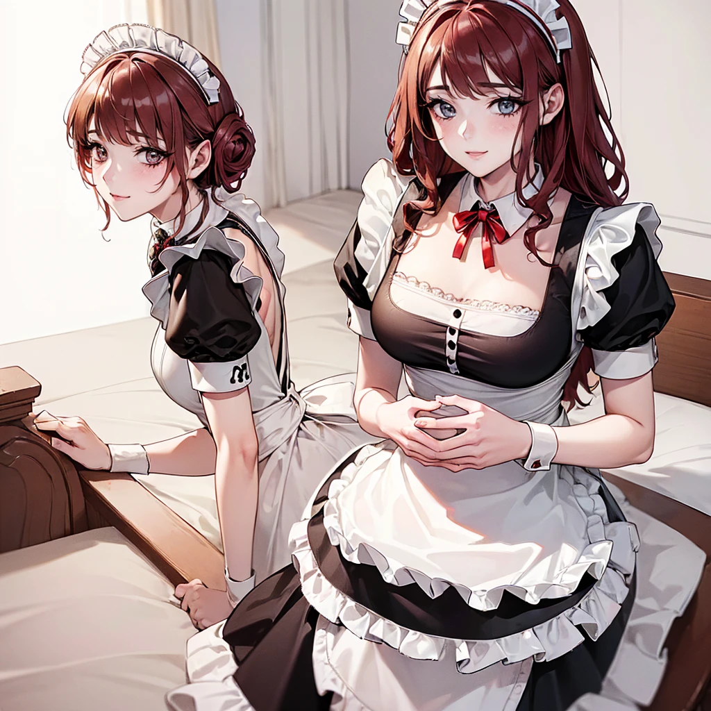 ((Beautiful maid:1.5),high resolution, Top quality),Dressed as a maid,Soft hands, Big bright eyes, Dark and Vibrant Curls, sweet smile, Red face, Soft Light, Pure white background.  