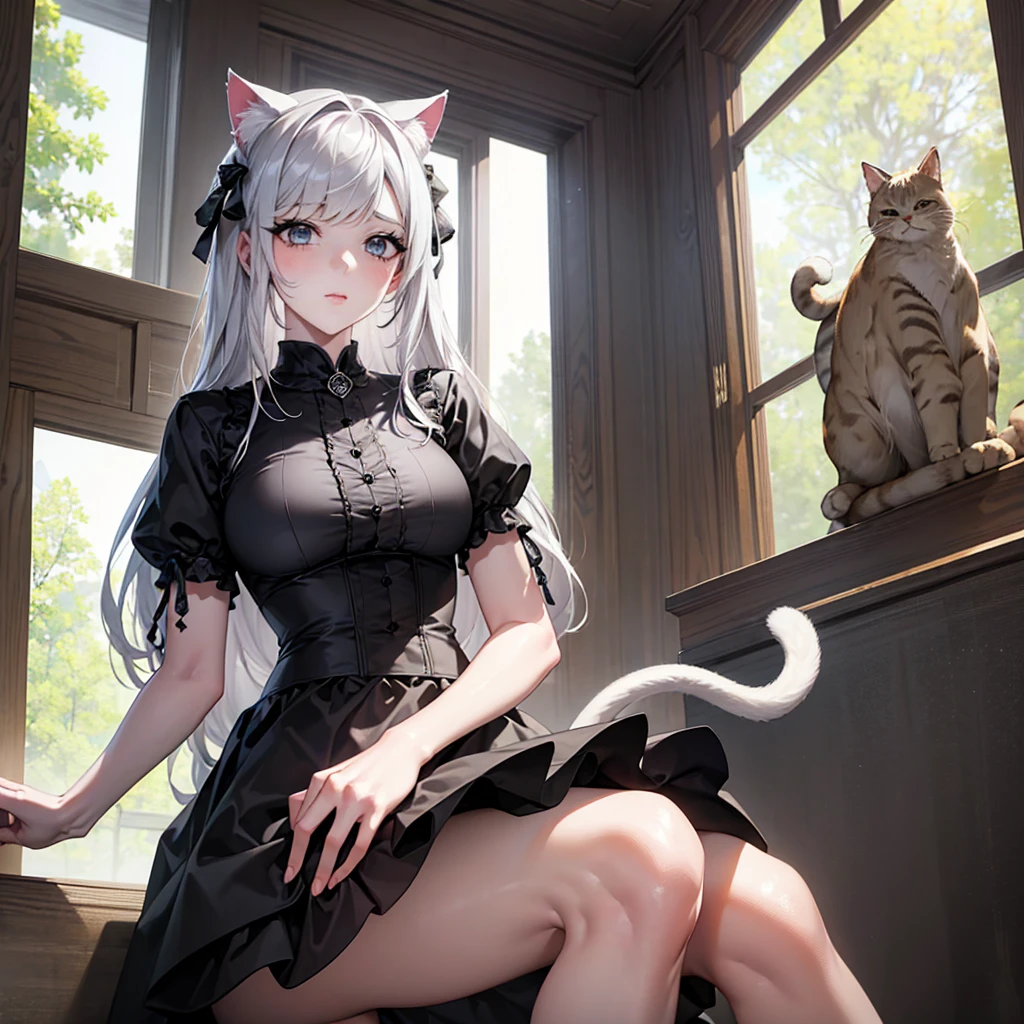 (masterpiece, best quality, high resolution: 1.2), 1 girl, Solitary, Double tail, Gray eyes, Upper Body, skirt, Silver Hair, Cat ears