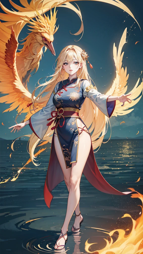 A beautiful Chinese girl standing on the water, Hazy reflection, A huge phoenix bird in the sky, magic, fantasy, Dynamic poses, Made of colorful flames, Delicate face, Exquisite eyes, Black and Blonde Long Hair, Wearing amber and sky blue Hanfu, Exquisite and complex patterns, Ink Painting, Hot stamping, Epic creation, Soft shadows, Sharp focus, Cinematography, Central Composition, poster design, Film Photography, panoramic, 32K --v 6