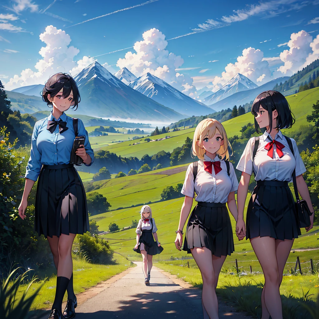 Rural Scenery,blue sky,cumulonimbus,Distant Mountain々,Three beautiful women walking and talking,smile,(Large Breasts),White blouse,Black pleated skirt,Red bow tie,Short black hair,Long blonde hair,Medium length blue hair,high resolution