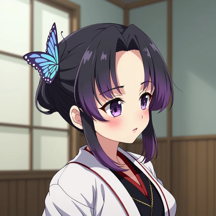Nsfw,1girl,1boy,????????,clothed,kimetsu no yaiba style, butterfly hair ornament, hair ornament, butterfly, bug, demon slayer uniform, purple eyes, side ponytail, butterfly on hand, smile, black hair, white cape, cape, outdoors, bangs, tree, fence, anime coloring,  ((masterpiece)), black uniform, black skirt,