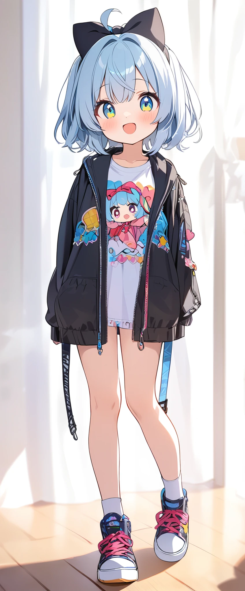 Anime girl with blue hair and a black jacket and a cat ears - SeaArt AI