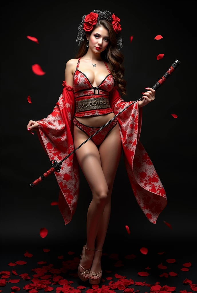 Red kimono open shoulders open legs beautiful breasts stockings black background red rose petals lace samurai sword wind bottom view