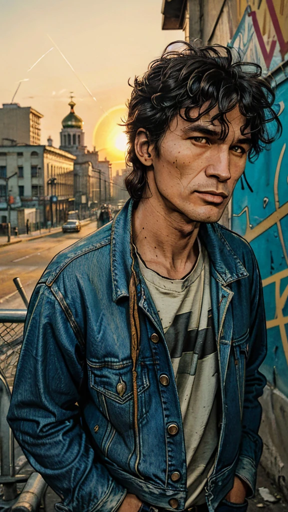 Viktor Tsoi with headphones around his neck, Lift your face up to the sun, Moscow in the background, Fiery sunset, Attention to detail, Soviet atmosphere. (Highest quality, 4K, solve, masterpiece: 1.2), Super Detail, (Realistic, Realistic, Realistic: 1.37), Portraiture, Vibrant colors, Bokeh, Moderate: Oil, Iconic Rock Musicians, Passionate Expressions, Rebellious attitude, Charismatic Look, Protruding cheekbones, Disheveled Hair, Vintage Fashion, Worn denim jacket, Graffiti-covered wall, Retro city signs, Bustling streets, Iconic Landmark, Golden Light.