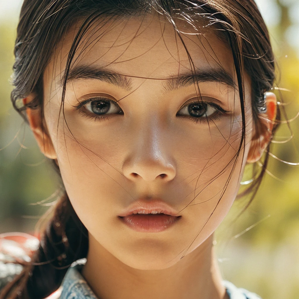 A hyper-realistic image of a single Japanese woman in her early 20s, captured with the nostalgic warmth and subtle graininess of a film camera. Her skin has a warm beige tone with a natural, slightly rough texture that includes visible pores, fine lines, and subtle imperfections such as small blemishes, adding to the authenticity of her appearance. The soft, diffused natural light enhances the film-like quality, casting gentle shadows that create a timeless, organic feel. Her straight, glossy black hair frames her face in a natural, slightly tousled manner, and her deep brown eyes reflect the ambient light, adding depth and emotion. The film camera effect introduces a slight grain and a softer focus, giving the image a warm, nostalgic atmosphere while maintaining the realistic texture of her skin. She is dressed simply, in a way that complements her natural beauty, with the overall composition designed to evoke a sense of genuine, understated elegance. The use of natural light, combined with the deliberately rougher texture of her skin and the film-like qualities, ensures that this image captures the imperfections that make her beauty truly lifelike, focusing solely on this one individual.
