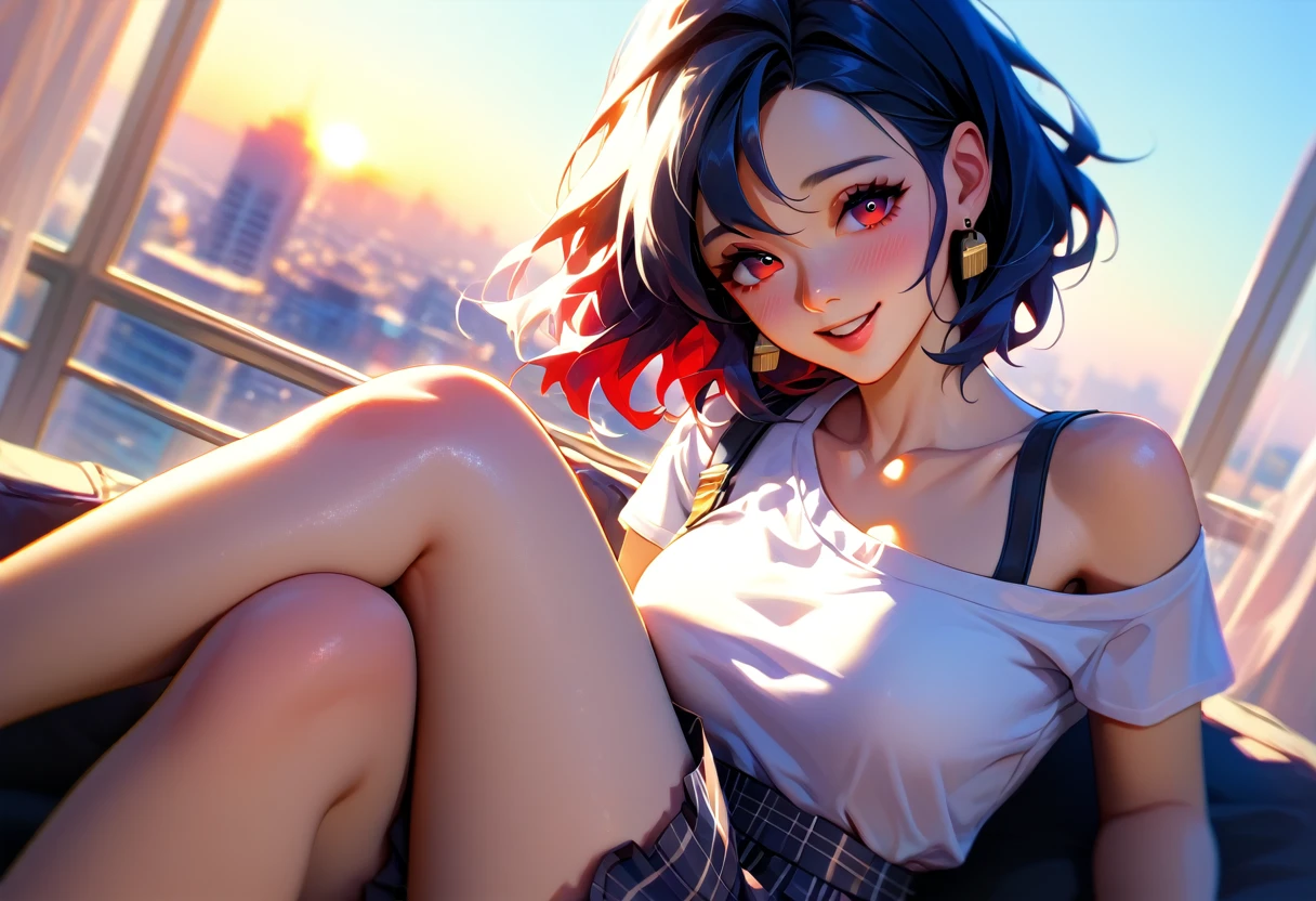 10 megapixels、High definition、High resolution、masterpiece, Highest quality, so beautiful, Absurd, One girl,I Short black hair, Red eyes,White Hair、 Shy with an open chest, Checked skirt, Dutch Angle, Mouth closed, smile,, Close one eye and cross your legs,Cityscape、Nostalgic lighting