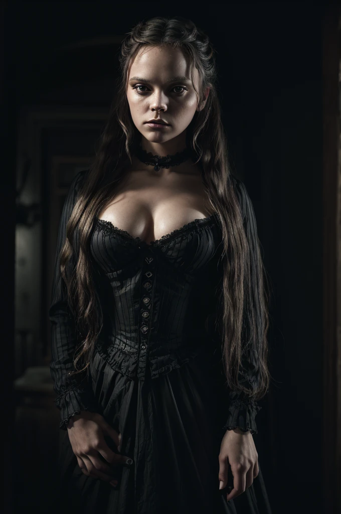 A provocative pose of Wednesday Adams, braids,wearing a sexy outfit, parted lips, hands on her hips, (best quality,4k,8k,highres,masterpiece:1.2),ultra-detailed,(realistic,photorealistic,photo-realistic:1.37),hyperrealistic,detailed facial features,extremely detailed face and body, chiaroscuro lighting,dramatic shadows,moody atmosphere,dark victorian aesthetic,dramatic lighting,cinematic,gothic,dark fantasy