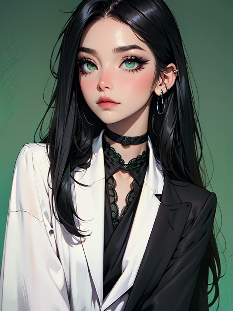 emo_hairstyle, ((tight black suit)), (black lace blazer), black tie, ((long hair)), ((straight hair)), (((black hair))), side swept bangs, white skin, pale, white, (green eye), tired expression, choker, ((dark makeup, mascara, eyeshadow)), multiple piercings, best quality, 8k, dark laboratory, dim lighting, white shirt, erotic, slytherin, flashing, opening shirt
