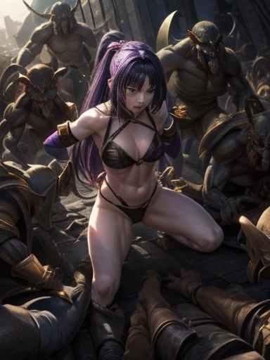 Highest quality、Captured by mutants、Surrounded by mutants、defeat、Beautiful woman with very long purple hair、White Armor（Small chest、Cleavage、Off the shoulder、Sleeveless、No elbow pads、belly button、High Leg、Exposed thighs）、White Armorのブーツ、Tears overflow、Frightened expression、run away、Attacked by mutants 1:5、Many violent mutants 1:5、The mutant grabs him by the arm..　Mutant attacks from behind、Mutant grabs leg、Mutant Swarm 1:5、darkness、Different world、Dark fantasy、Pitch Black Hell