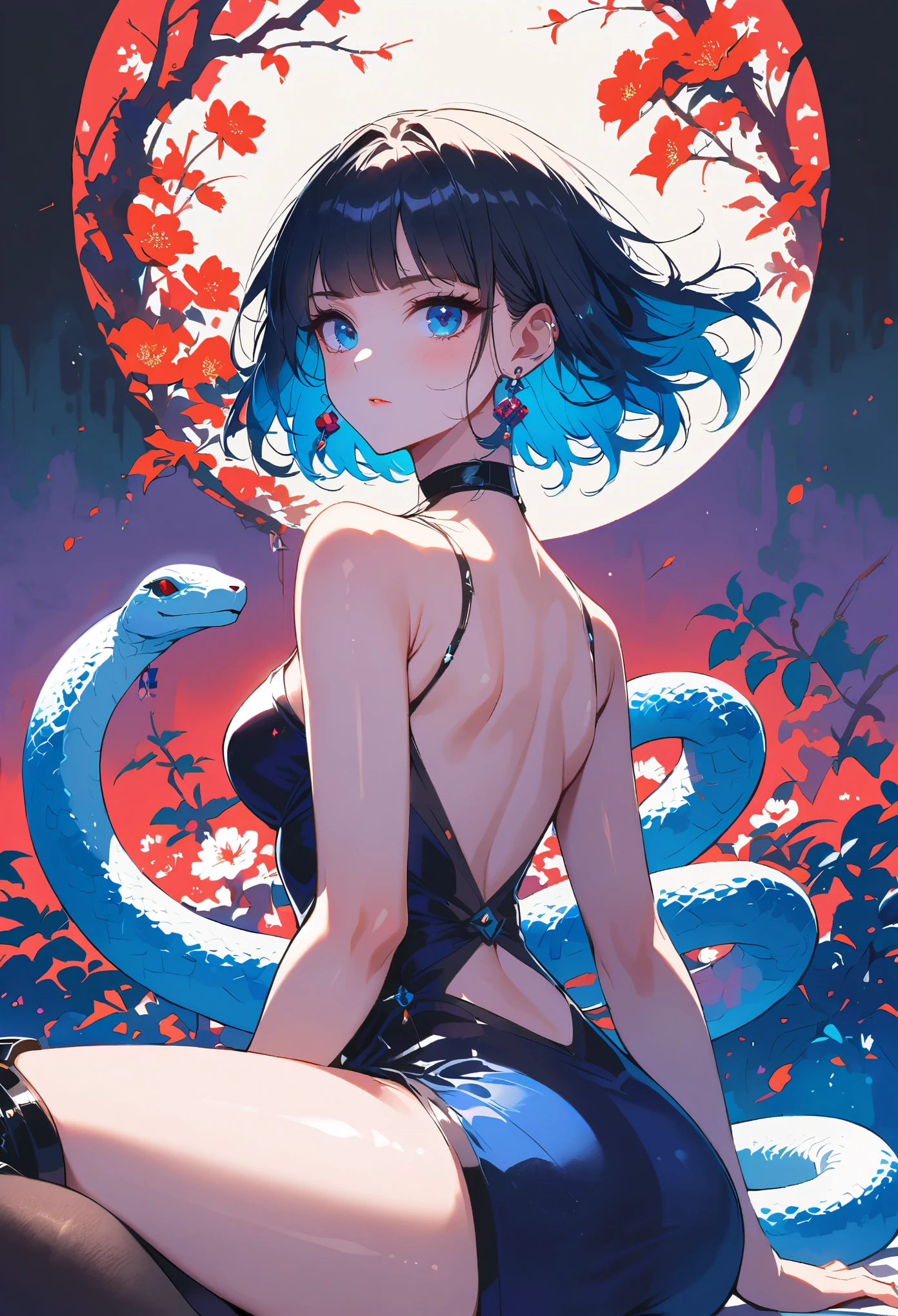 Super cute anthropomorphic white snake in Pixar style, in one's underwear only, Detailed White Snake, charming big eyes, nice tail, , Surreal, Super fine, Luxurious, elegant standing, charming big eyes, nice tail, Surreal, Ultra-Detailed Effects, Luxurious, Elegant, with an intricate, Gorgeous, illusion engine, Octane Rendering, 8K, Freissurrealism,length hair,Twintail,neon color,Red crystal eyes,Silk Detail See-Through Lingerie,(((A snake is wrapped around a girl))),Touching the head of the snake