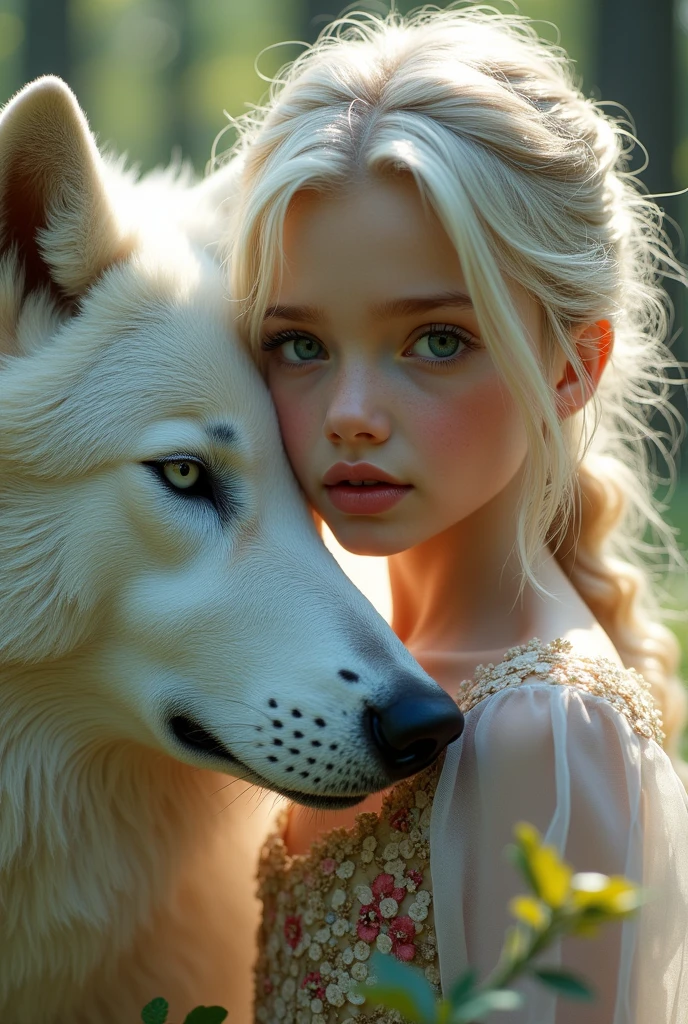 A young girl playing with a white wolf, detailed portrait, beautiful detailed eyes, beautiful detailed lips, extremely detailed face, longeyelashes, detailed hair, intricate floral dress, serene expression, peaceful forest background, natural lighting, cinematic composition, vibrant colors, (best quality,4k,8k,highres,masterpiece:1.2),ultra-detailed,(realistic,photorealistic,photo-realistic:1.37),fantasy,magical realism
