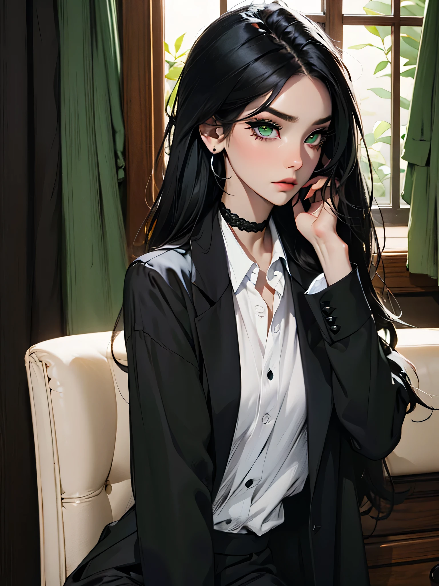 emo_hairstyle, ((tight black suit)), (black lace blazer), black tie, ((long hair)), ((straight hair)), (((black hair))), side swept bangs, white skin, pale, white, (green eye), tired expression, choker, ((dark makeup, mascara, eyeshadow)), multiple piercings, best quality, 8k, dark laboratory, dim lighting, white shirt, erotic, slytherin, flashing, opening shirt
