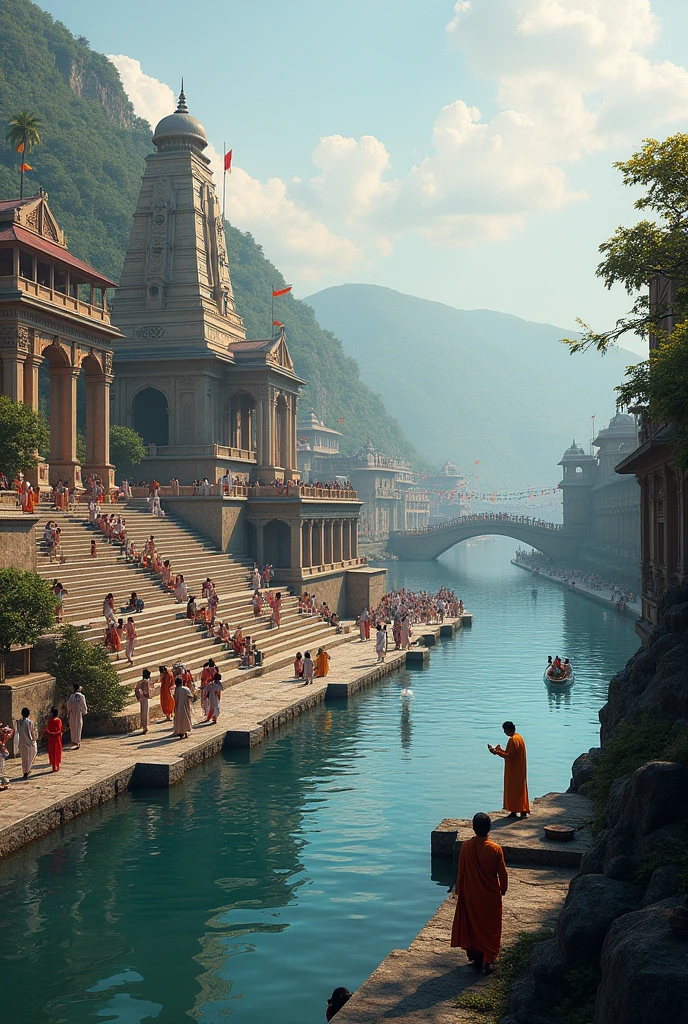 In Cinematic 3d style cartoon 
.The serene Yamuna River turns poisonous and dark as the multi-headed serpent Kaliya emerges, terrorizing the villagers. Young Krishna, confident and divine, dances on Kaliya's heads, taming the serpent. The river is surrounded by trees, and villagers watch in awe from the riverbank. The sky clears, and the scene ends with the river turning back to its pristine state, symbolizing the victory of good over evil.
"