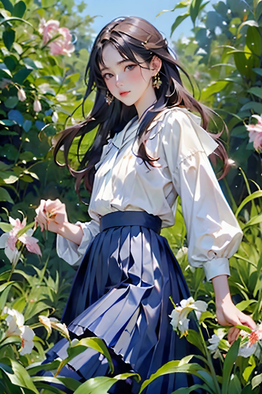 (masterpiece, Highest quality:1.2), One Girl, alone, whole body, Semi-long hair, Sailor suit, (Long pleated skirt:1.4)、(The lily of the valley flowers are blooming)、White Background、Background Blwholeur、Watercolor of singer Sargent、Impressionist style painting、