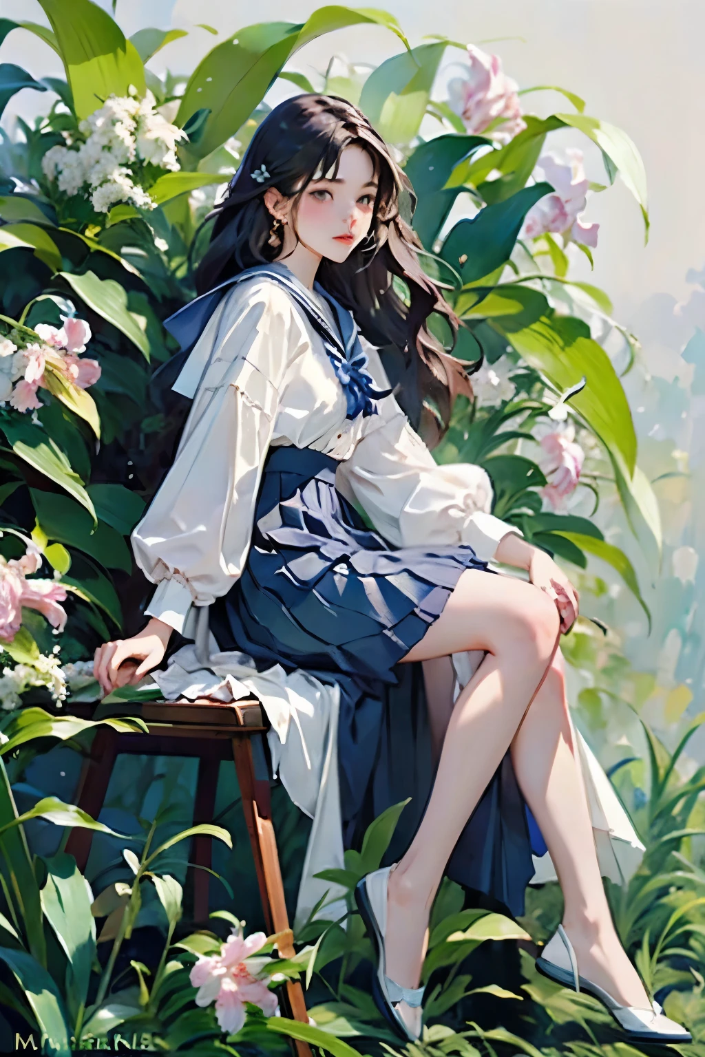 (masterpiece, Highest quality:1.2), One Girl, alone, whole body, Semi-long hair, Sailor suit, (Long pleated skirt:1.4)、(The lily of the valley flowers are blooming)、White Background、Background Blwholeur、Watercolor of singer Sargent、Impressionist style painting、