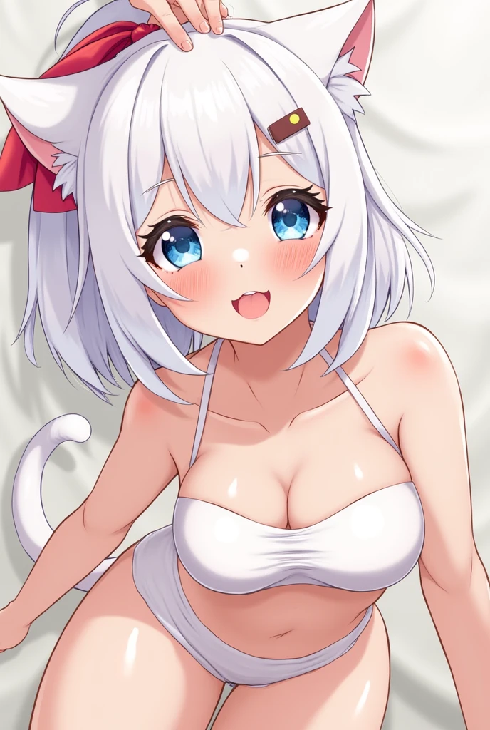 ((best quality)), ((masterpiece)), (detailed), perfect face. White hair. Anime girl. Short hair. Asian girl. Pink eyes. Nekomimi. Ulzzang. Sex. Standing split sex. Creampie.