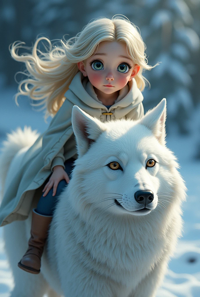 a young girl riding a white wolf, beautiful detailed eyes, beautiful detailed lips, extremely detailed eyes and face, long eyelashes, fantasy, detailed landscape, detailed background, (best quality,4k,8k,highres,masterpiece:1.2),ultra-detailed,(realistic,photorealistic,photo-realistic:1.37),vibrant colors,dramatic lighting,fantasy art