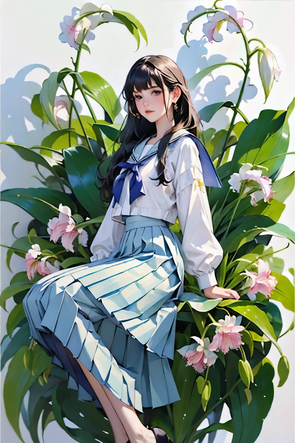 (masterpiece, Highest quality:1.2), One Girl, alone, whole body, Semi-long hair, Sailor suit, (Long pleated skirt:1.4)、(The lily of the valley flowers are blooming)、White Background、Background Blwholeur、Watercolor of singer Sargent、Impressionist style painting、