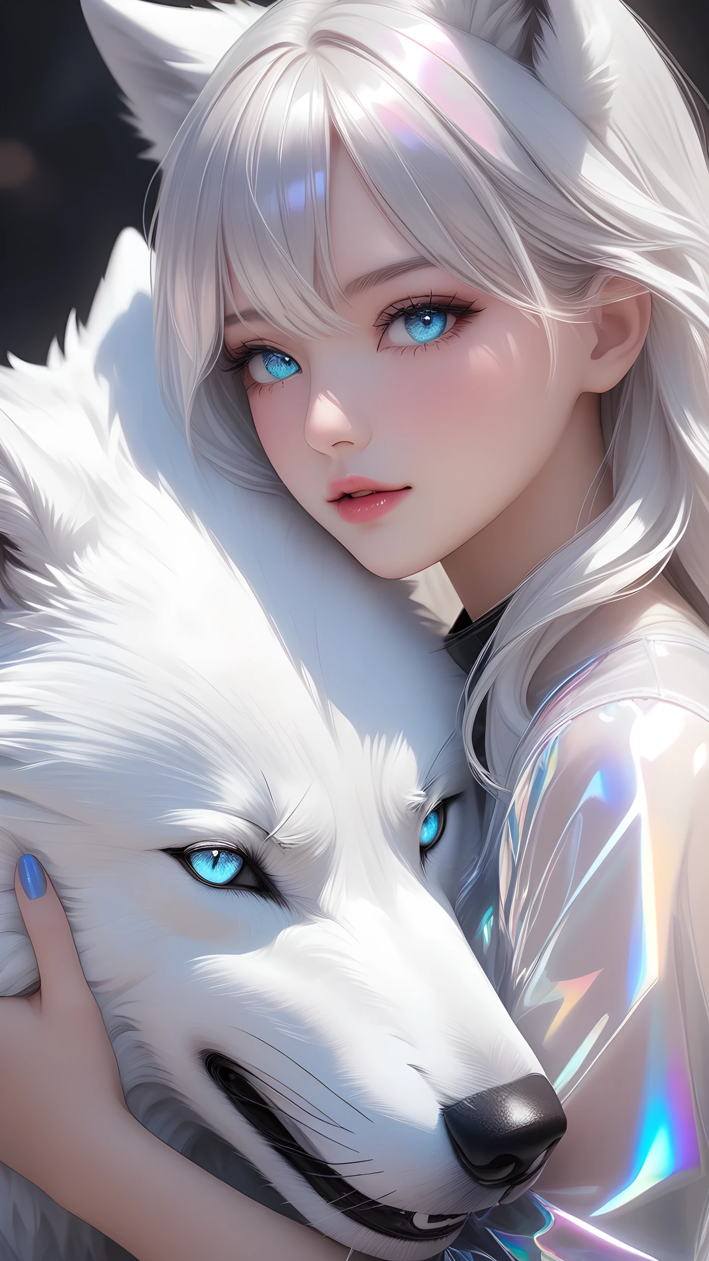 (Masterpiece, best quality:1.2), 1girl, detailed face, detailed skin, detailed eyes, detailed lips, transparentcolorvinylclothing, transparentcolorPVCclothing, chromaticaberration, prismatic, holographic, hugging white wolf
