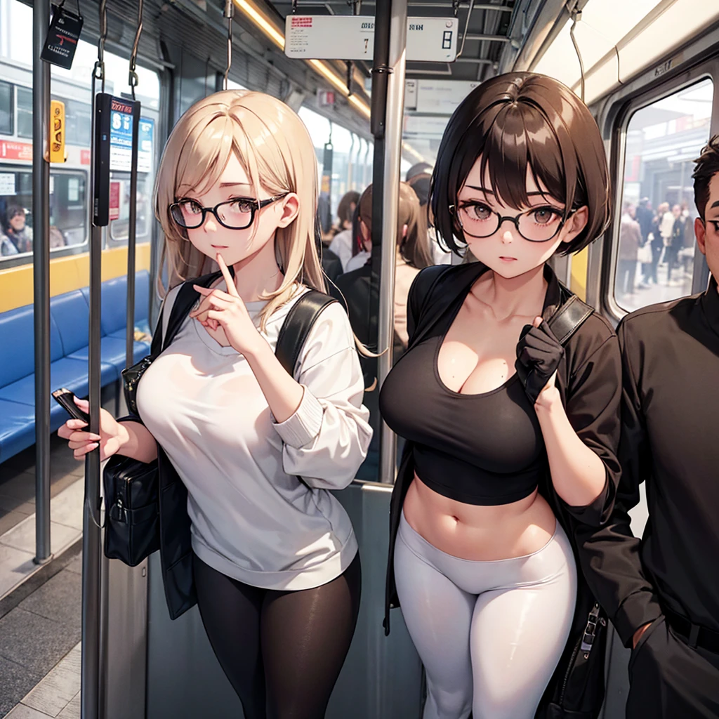 In a bustling urban train, filled with a diverse mix of commuters, a 20-year-old woman stands confidently above the semi-crowded space. She is clad in form-fitting leggings that accentuate her muscular thighs, showcasing both strength and femininity. She is standing tall above all others, displaying her exceptional height. Her top, a sports bra that appears slightly too small, struggles to contain her busty figure, causing her breasts to spill out in a playful yet bold manner. 
This full-body shot captures not only her striking appearance but also the dynamic energy of the urban setting, making it a masterpiece that celebrates vitality in a modern world.
The woman has captivating brown hair with a striking single white highlight, cascading down her shoulders, framing her freckled face. Round, stylish glasses rest on her nose, enhancing her vibrant brown eyes that sparkle with charisma as she gazes directly at the camera, exuding a sense of empowerment. 

Her medium pale skin glows subtly under the mixed lighting of the train, creating a flawless and real-skin texture that adds to her natural beauty. The atmosphere in the train is lively, filled with the sounds of faint conversations and the rhythmic clatter of the train on the tracks, while the faint scent of coffee mingles with the cool air. 