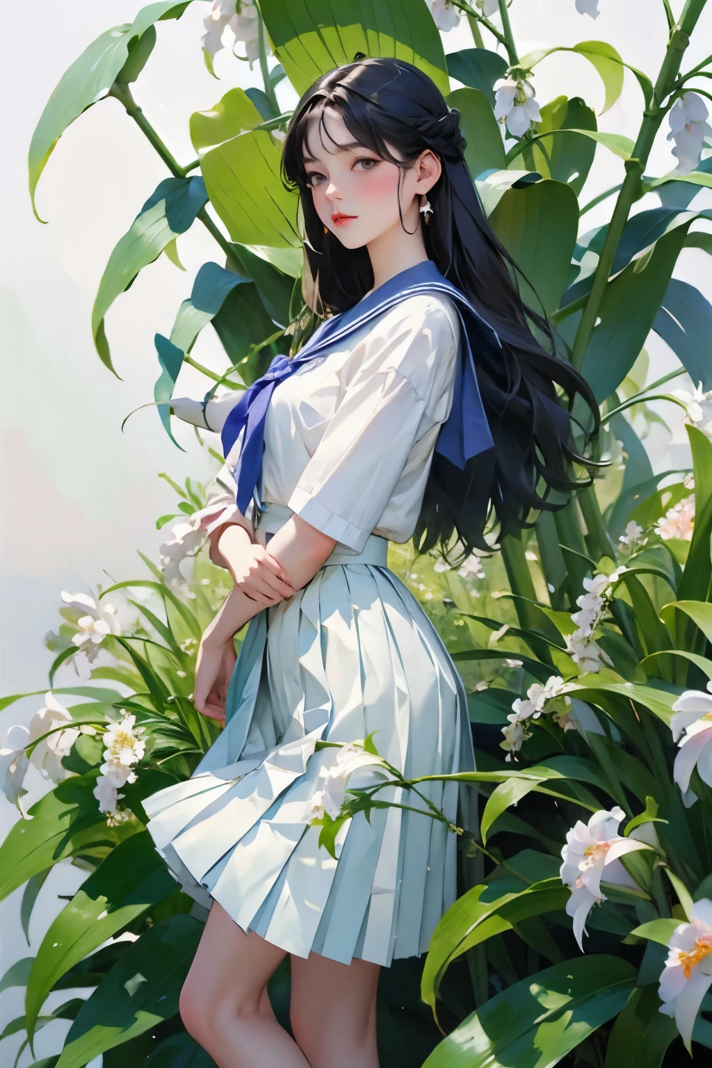 (masterpiece, Highest quality:1.2), One Girl, alone, whole body, Semi-long hair, Sailor suit, (Long pleated skirt:1.4)、(The lily of the valley flowers are blooming)、White Background、Background Blwholeur、Watercolor of singer Sargent、Impressionist style painting、