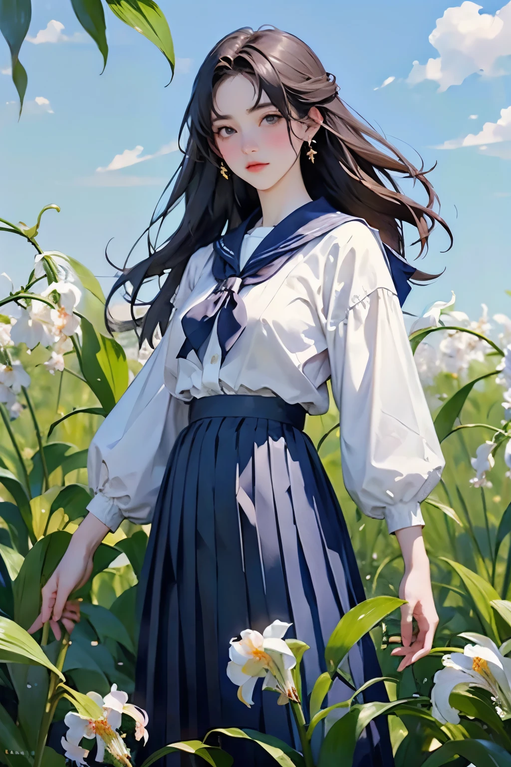 (masterpiece, Highest quality:1.2), One Girl, alone, whole body, Semi-long hair, Sailor suit, (Long pleated skirt:1.4)、(The lily of the valley flowers are blooming)、White Background、Background Blwholeur、Watercolor of singer Sargent、Impressionist style painting、