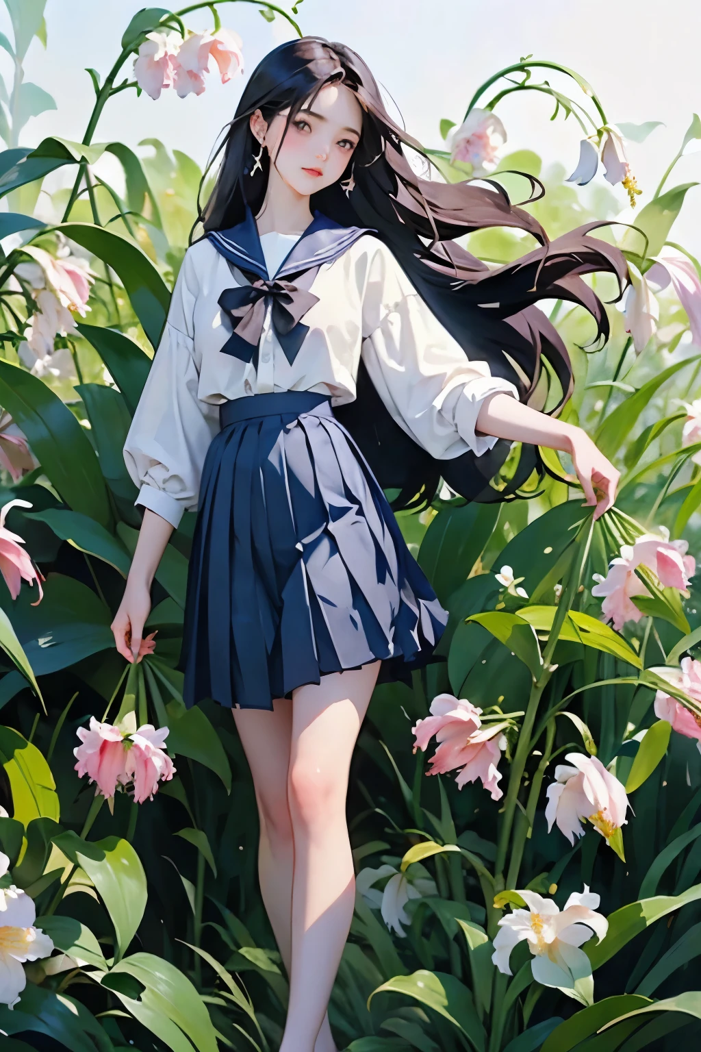 (masterpiece, Highest quality:1.2), One Girl, alone, whole body, Semi-long hair, Sailor suit, (Long pleated skirt:1.4)、(The lily of the valley flowers are blooming)、White Background、Background Blwholeur、Watercolor of singer Sargent、Impressionist style painting、