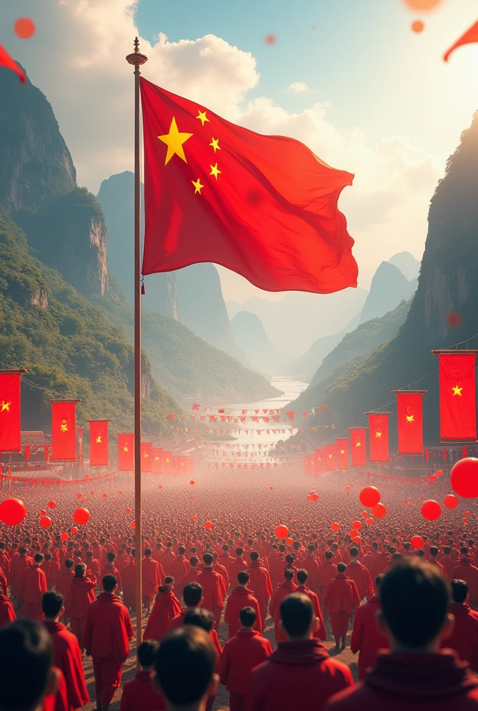 Chinese movie poster, big buildings, Chinese architecture in mechanical style, The flag flies, Plaza, vibrant with colors, Sunny weather, ultra-wide-angle, 8K quality, CG high-quality charts,C4D rendering effects,Be creative, Inspired by the age of machinery, Reference source: Tiananmen square, China, Reference source: The Palace Museum of China, trending on cgstation,