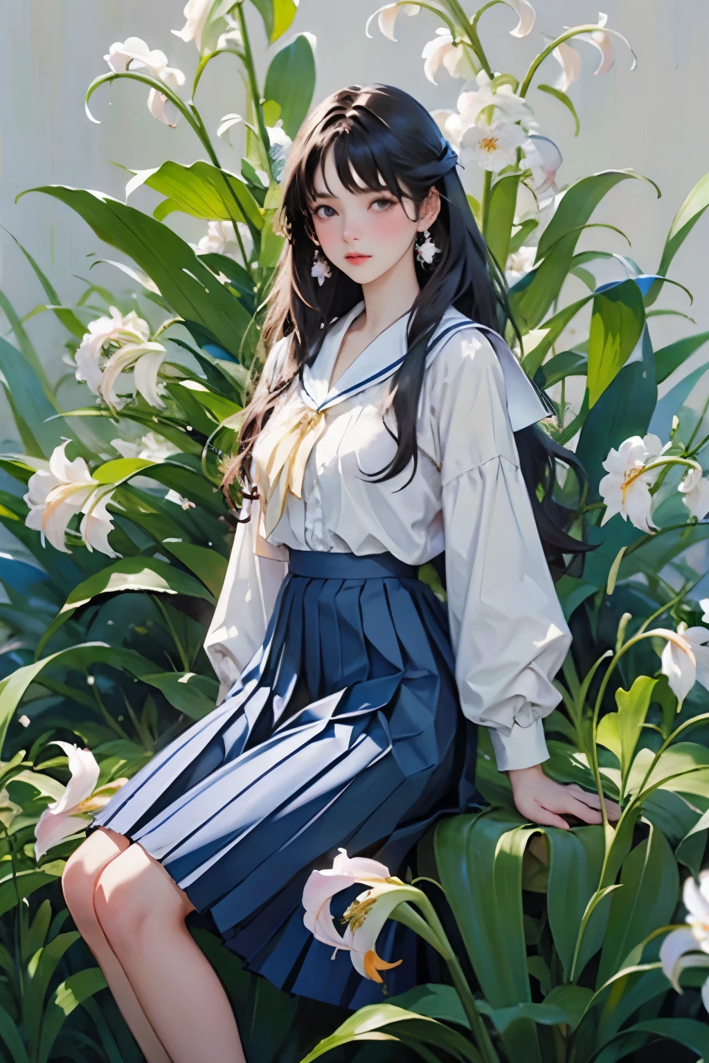 (masterpiece, Highest quality:1.2), One Girl, alone, whole body, Semi-long hair, Sailor suit, (Long pleated skirt:1.4)、(The lily of the valley flowers are blooming)、White Background、Background Blwholeur、Watercolor of singer Sargent、Impressionist style painting、