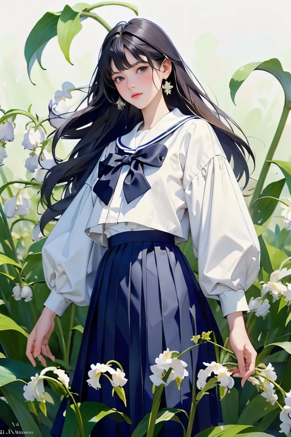 (masterpiece, Highest quality:1.2), One Girl, alone, whole body, Semi-long hair, Sailor suit, (Long pleated skirt:1.4)、(The lily of the valley flowers are blooming)、White Background、Background Blwholeur、Watercolor of singer Sargent、Impressionist style painting、