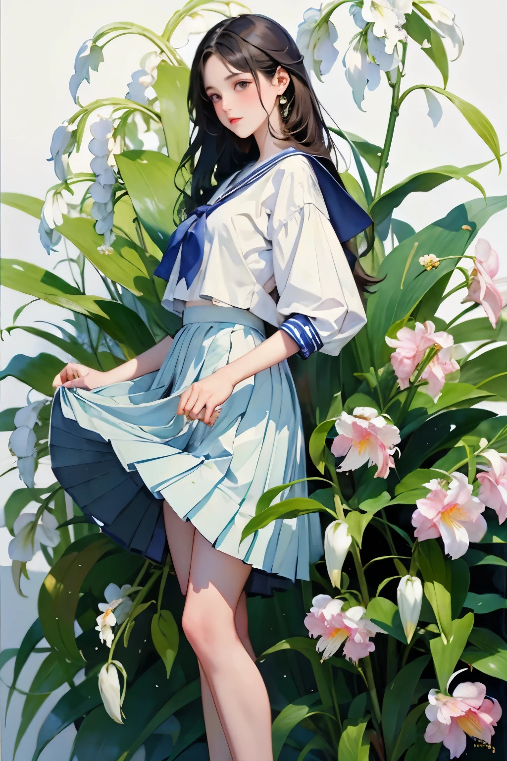 (masterpiece, Highest quality:1.2), One Girl, alone, whole body, Semi-long hair, Sailor suit, (Long pleated skirt:1.4)、(The lily of the valley flowers are blooming)、White Background、Background Blwholeur、Watercolor of singer Sargent、Impressionist style painting、