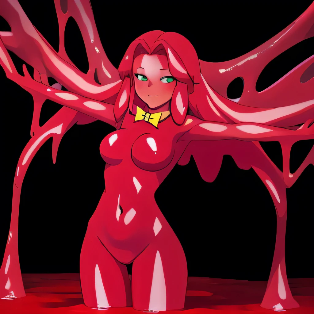 (masterpiece,best quality,ultra-delicate,Perfect Face,16k,high resolution,very beautiful woman),Red Slime Body, Green Eyes, Yellow bow tie,jamanen:1.3,((melting body,Melting legs, melting hair,melting breasts)) ,(huge Breasts),Long Hair,Shiny body,red Muddy caves,smirk,anime style