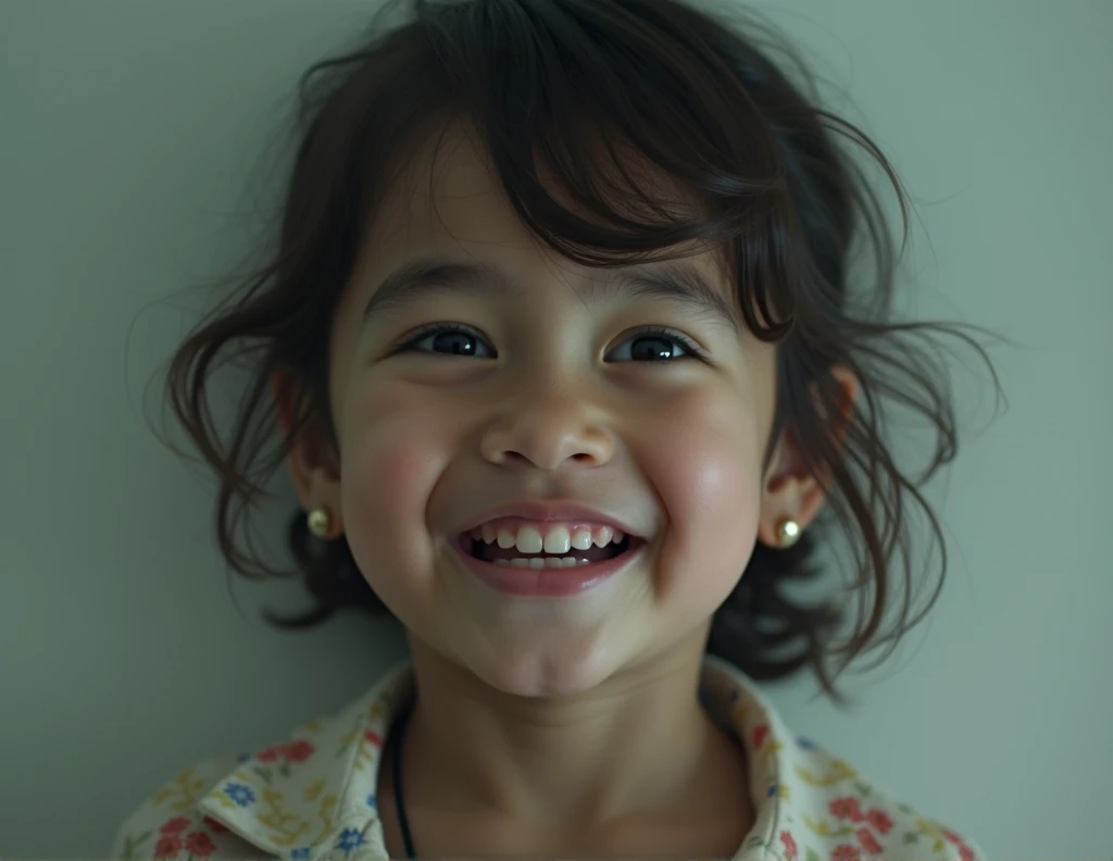 Close-up of a child smiling，A flower stuck in his hair, lovely digital painting, soft happy smile, laughing sweetly, soft amazed smiles, Cute smile, beautiful and smiling, Sweet smile, Happy girl, happy and smile, Lovely smile, beatiful smiling face, Smiling girl, cute smiling face, and she smiling，Very happy, beatiful smiling face, Happy expression