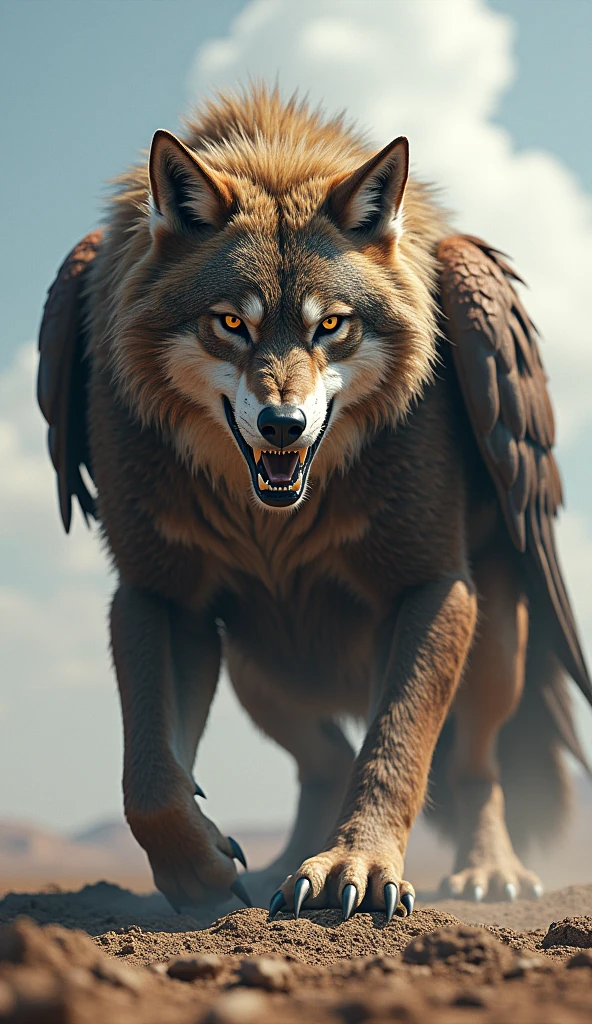 God character with wolf and falcon traits, the most intimidating face and no wings or beak