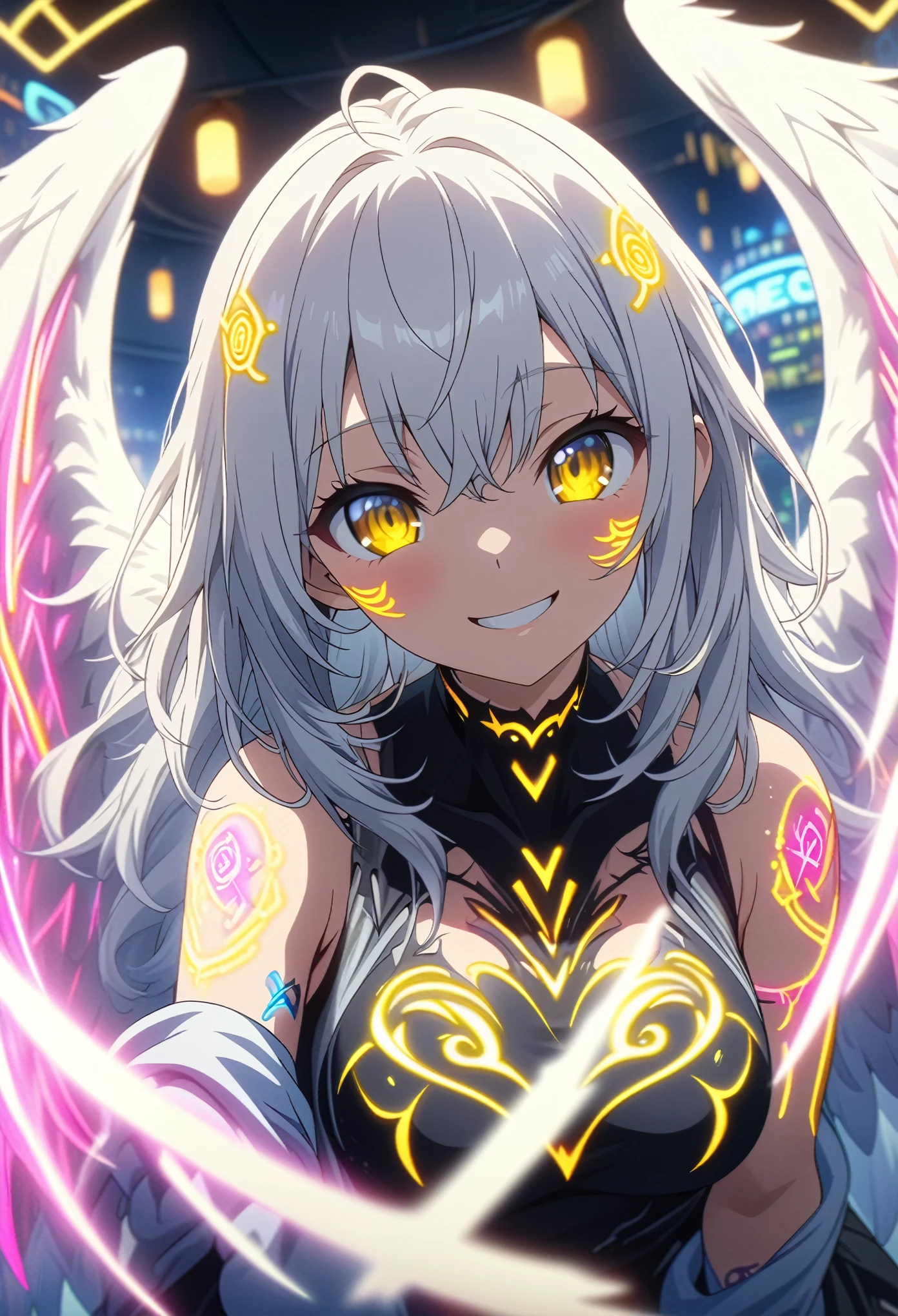 Masterpiece, highest quality, highly detailed CG Unity 8K wallpaper, one girl, anime screenshots, neon tattoos all over the body, big wings with neon light, the best smile, depth of field, white hair, yellow eyes, fisheye lens