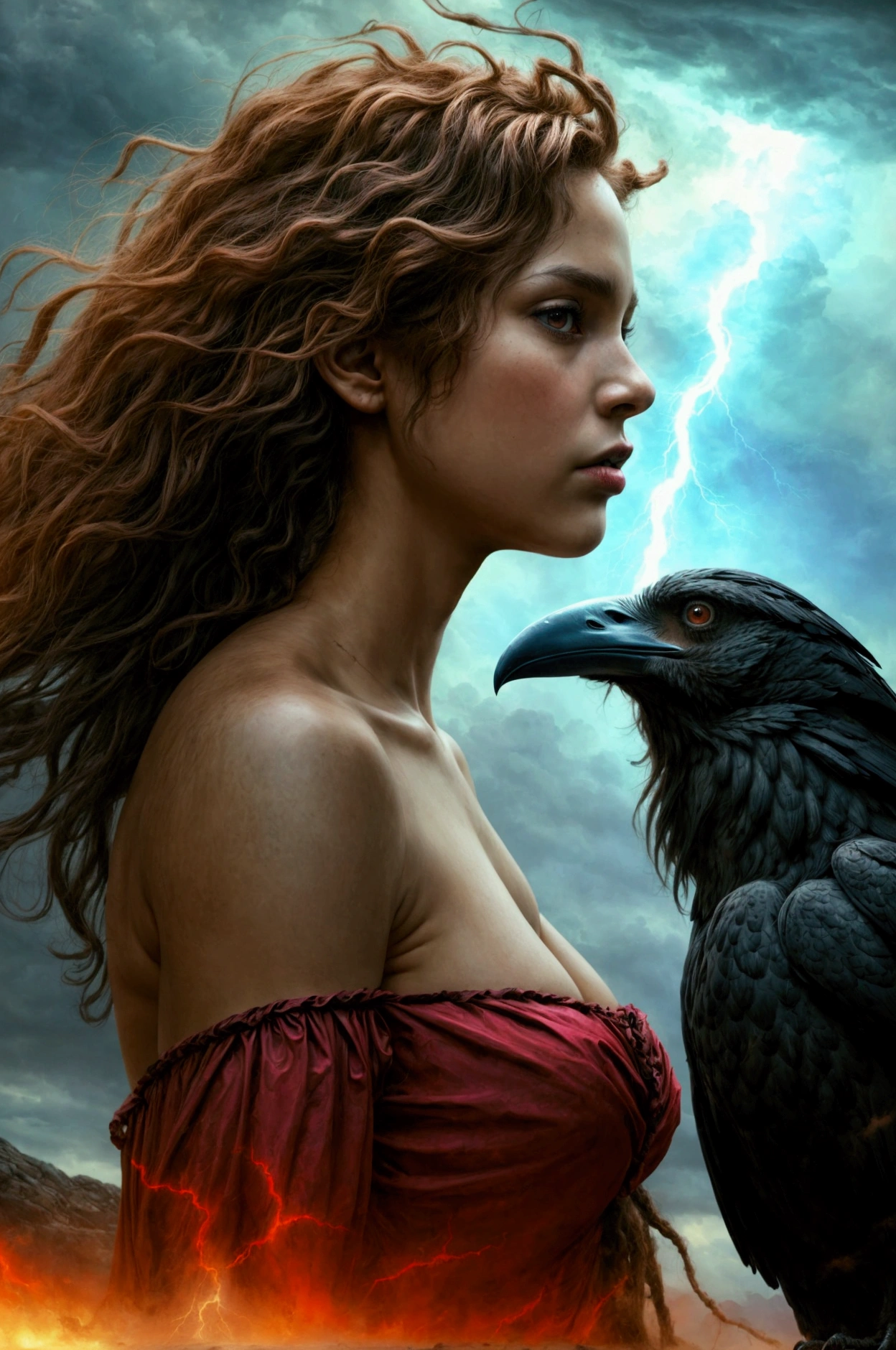 (Wide and low angle scene)curly-haired ((naked)) wild woman facing a huge elemental thunder raven in the sky, primal woman, savage, majestic, impressive, mythology, (dark fantasy, mythology, masterpiece, vivid colors, hyperdetailed,)