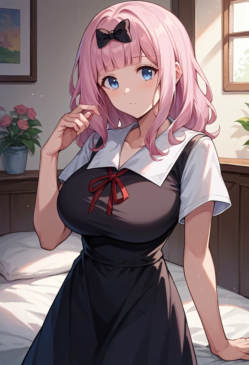 <lora:StyleSak_DropOut:1>,,
1girl, breasts, shuuchiin academy school uniform, fujiwara chika, solo, school uniform, long hair, blue eyes, dress, blush, bangs, bow, large breasts, hair bow, black dress, blunt bangs, pink hair, ribbon, arms behind back, black bow, red ribbon, short sleeves, flying sweatdrops, collarbone, summer uniform, indoors, shirt, neck ribbon, white shirt, cowboy shot