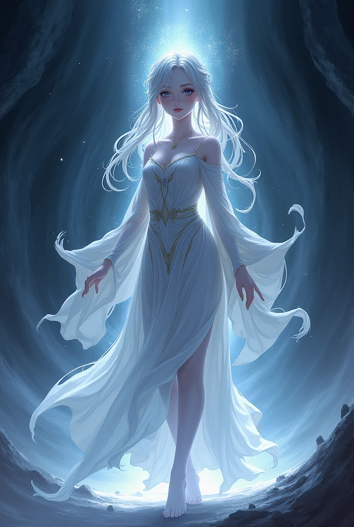 (Anime adulte woman), priestress, priestress white see-through dress, wet body, light aura, church background, cleavage, has magician staff with light white crystal, perfect hands with five fingers, light halo, casting light spell pose