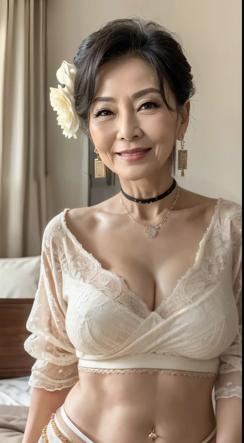 gravure, from the chest up, , mast, highest quality, super detailed, realistic, super dense skin, perfect anatomy, (1 Japanese mature woman), (alone), 60 years old, big breasts, Mature adult female, Plump, Sexy, pure white skin, view viewer, middle-aged women,((Big udder 1.5)),upper limbs, compensate, (lipstick: 0.9), (eyeliner: 0.8), mascara, eye shadow, wavy hair, earrings, necklace, See-through, suite room,Sitting upright in bed、