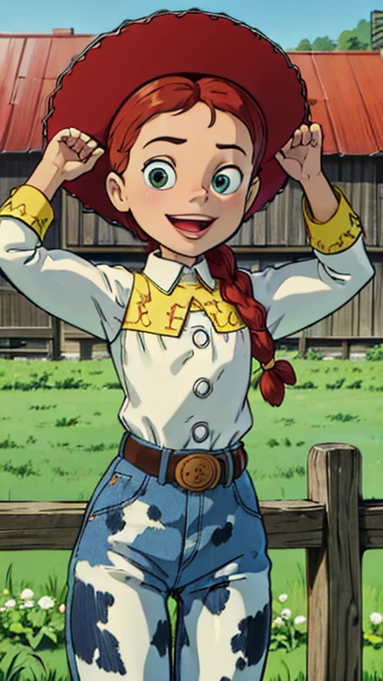 (1girl, solo), highly insanely detailed, masterpiece, top quality, best quality, highres, 4k, 8k, RAW photo),((innocent look)),((Childish)),From the front, symmetrical composition,smile,cute,Innocent,Kind eyes,Flat chest, lean on fences, on front of a barn house, (ghibli style),farm, outdoor, (JessieWaifu), smile, open mouth, cute, looking at viewer, single braid, hat, shirt, animal print pants, belt)