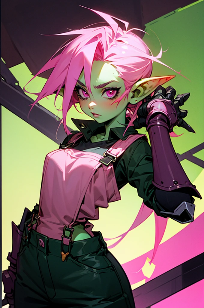 Pink Hair, Spiky Hair, Pink Eyes, Green Skin, Goblin Girl, Tinkerer, Mechanic, Black Overalls, Electrified Gauntlets, Dark Workshop Background