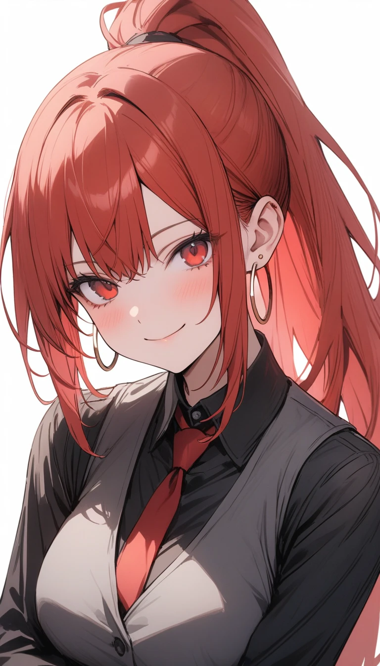 a handsome girl, solo, (red hair:1.4),
(white dip-dye hair:1.2) medium hair,
red eyes, bright eyes, fang
(black and red jacket:1.4), black tie,
white high neck collar, sleeveless,
black shorts, (garter rings), black tights, naughty smile, perfect lighting, best angle, masterpiece, best quality, extremely detailed face, extremely detailed,