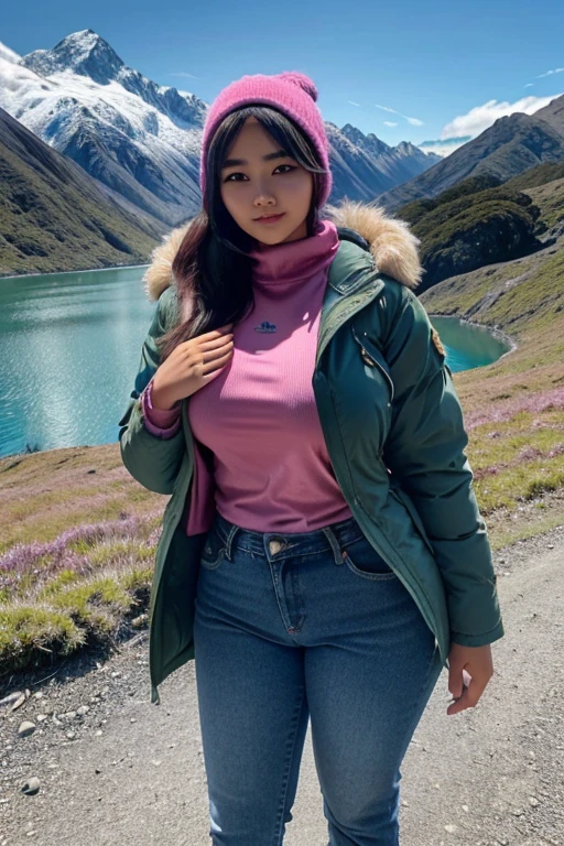 <lora:ESL:.7>, long black hair, brown eyes, tan skin, large breasts, wearing (green floral print oversized puffer jacket), denim shorts, white shirt, looking at viewer, smiling, medium shot, standing, outside, park, lake, trees, snow, winter, high quality, masterpiece, <lora:Floral_Jacket_Shorts_By_Stable_Yogi:.7>