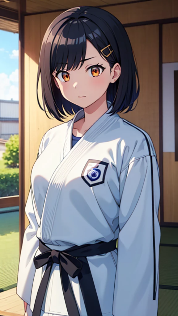 ((masterpiece, Highest quality, Very detailed, Very nice 8K CG wallpaper)), , A little thick, Medium Hair, slightly dark blue black hair, short hair, Deep orange eyes,judo player、長袖judo着、Large bust、ロングjudoパンツ、judo、Cute expression、Inside the judo Gymnasium、、On the tatami、discovery、One Girl、whole body、rest、Shiraishi Apricot、Bust Size D Cup