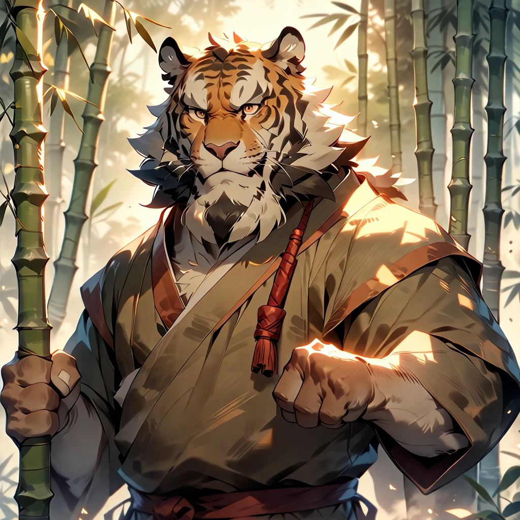 masterpiece, best quality, very aesthetic, absurdres, full body, portrait, zoom layer, looking away, monk, plump middle-aged tiger man, fluffy body, brown eyes, beautiful beard, male face, big face, square jawline, male eyes, sharp eyes, big eyes, male eyebrows, innocent look, rotating the body, executing a high kick, dynamic pose, BREAK morning, bamboo forest, outdoor,