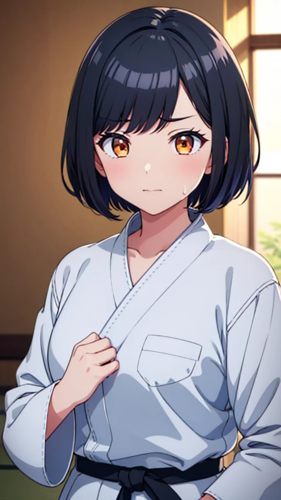 ((masterpiece, Highest quality, Very detailed, Very nice 8K CG wallpaper)), , A little thick, Medium Hair, slightly dark blue black hair, short hair, Deep orange eyes,judo player、長袖judo着、Large bust、ロングjudoパンツ、judo、Cute expression、Inside the judo Gymnasium、、On the tatami、discovery、One Girl、whole body、rest、Shiraishi Apricot、Bust Size D Cup、Sweating